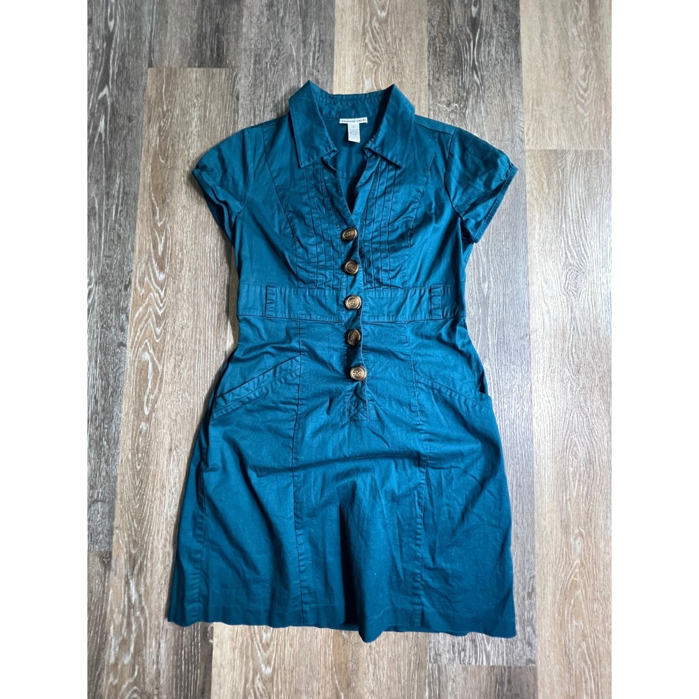 Amanda Lane Button Front Dress Women Size 10 Teal Short Sleeve Utility Pleated
